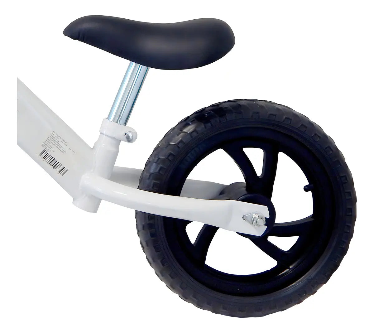 Detalle del sillín de altura ajustable y rueda antideslizante de la bicicleta de equilibrio