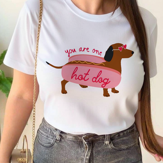 Camiseta Estampada de Mujer Diseño Hot Dog perro salchicha